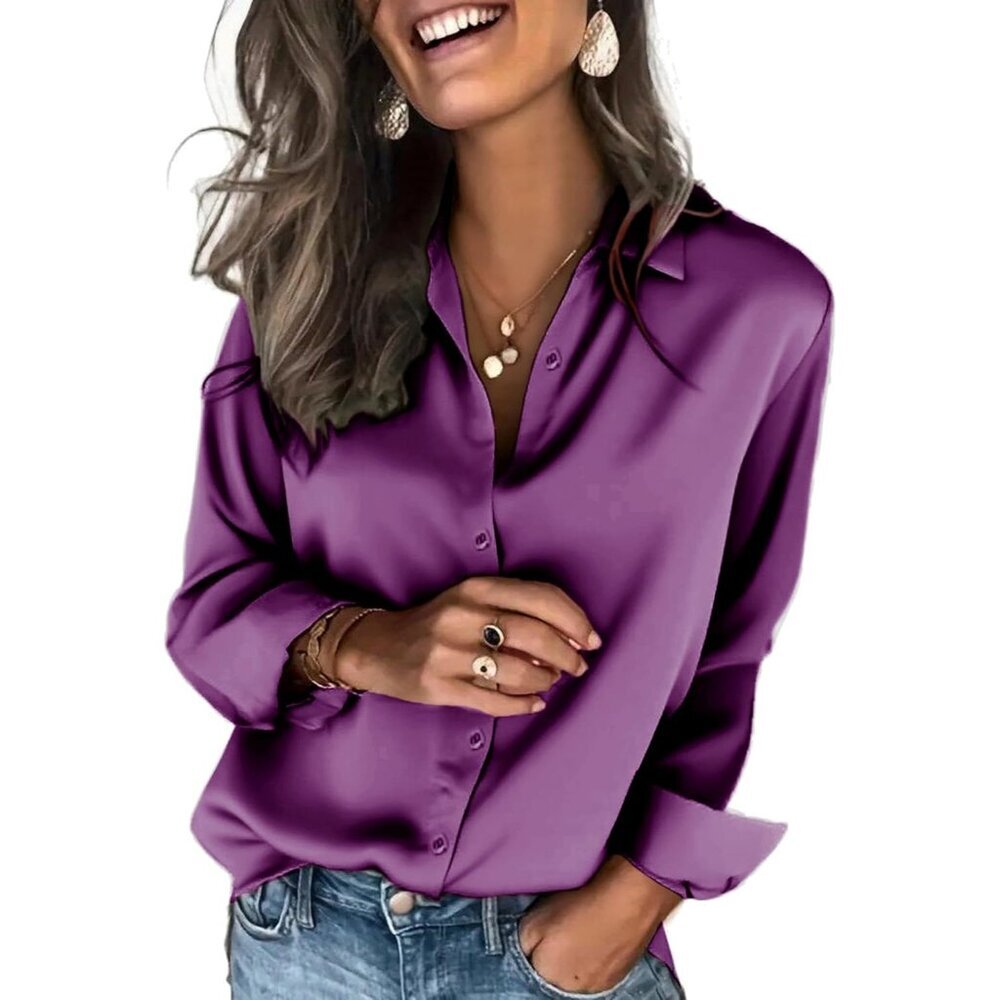 Satin Purple Blouses For Women Silk Button Shirts Long Casual Tops